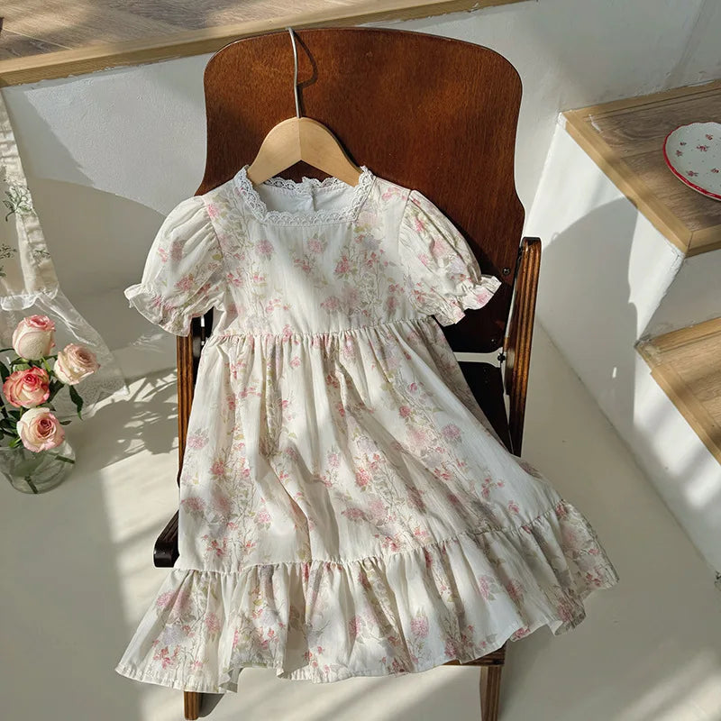 Floral Square Neck Girl's Dress French Gentle Style Summer Lace Short Sleeved Children's Cake Princess Dress Children's Clothing