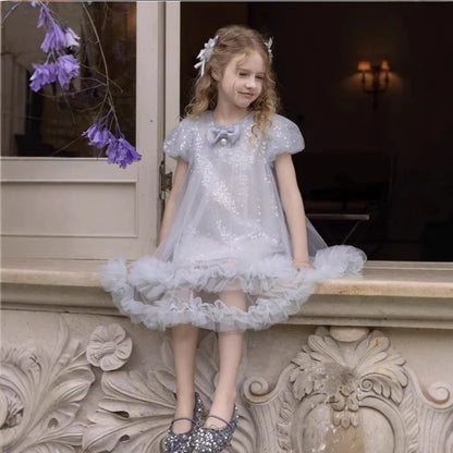 2026 New Summer Dress Girls Sequin Tulle Princess Party Gown Children Pageant Formal Attire Celebration Outfit Elegant Clothes