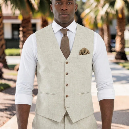 Beige Linen Men Vest for Wedding Party 1 Piece Summer Beach Male Waistcoat V Neck Fashion Coat New Arrival