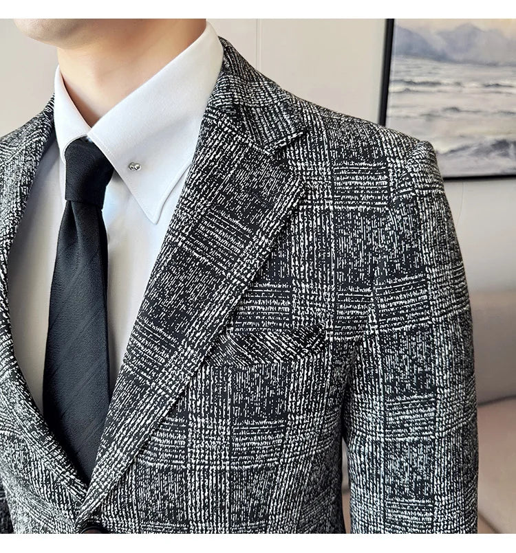 High Quality Meteor Grid Suit Jackets Men British Style Slim Fit Business Casual Fashion Blazers Formal Men Wedding Party Tuxeds