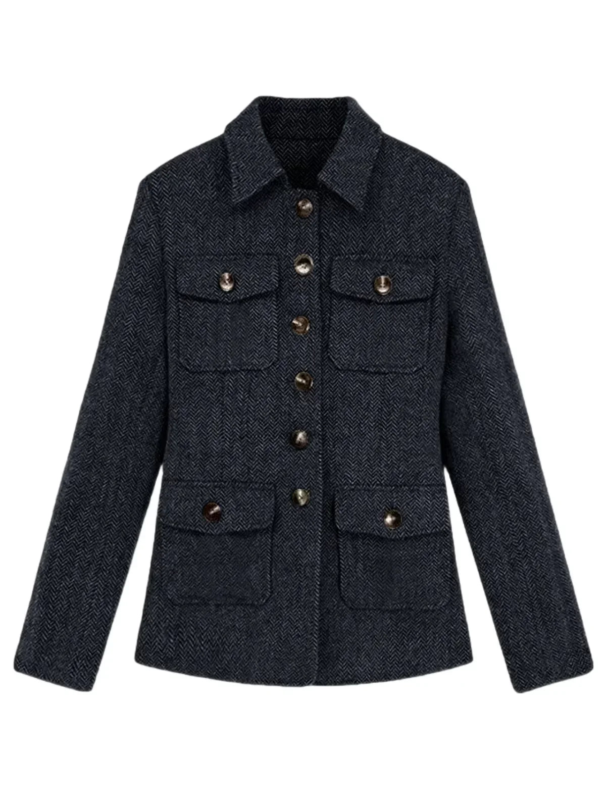 Men's Herringbone Wool Blend Blazer Jacket Notch Collar Utility Multi-Pocket Casual Overcoat For Spring Autumn