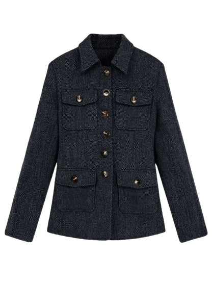 Men's Herringbone Wool Blend Blazer Jacket Notch Collar Utility Multi-Pocket Casual Overcoat For Spring Autumn