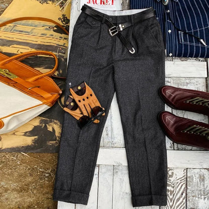 British-Style Vintage Wool Herringbone Pattern Men's Trousers, Large Size, Loose Straight-Leg Naples Men's Pants