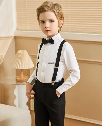 Boys 007 Photograph Suit School Kids Shirt Strap Pants Bowtie 4PCS Clothing Set Children Piano Performance Dance Dress Costume