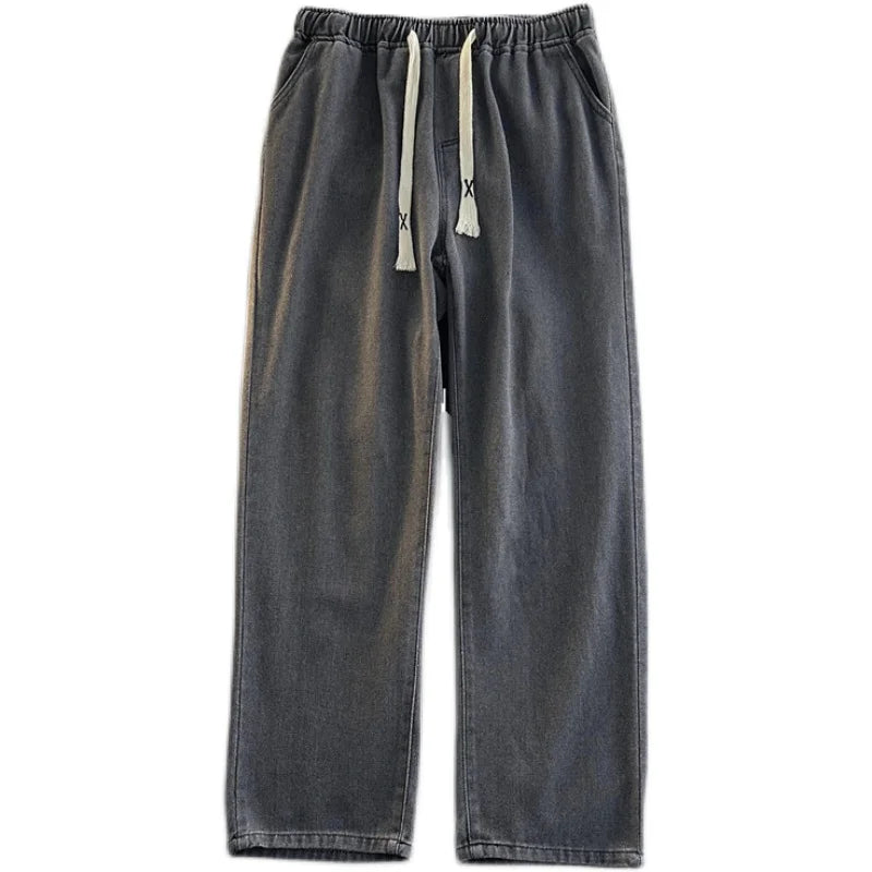 Casual Loose Straight Leg Men's Jeans Drawstring Elastic Waist Wide Leg Long Trousers High Street Fashion Denim Pants