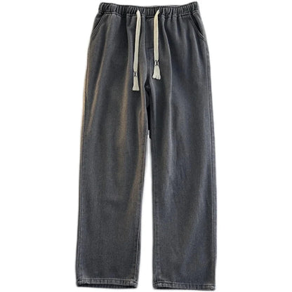 Casual Loose Straight Leg Men's Jeans Drawstring Elastic Waist Wide Leg Long Trousers High Street Fashion Denim Pants