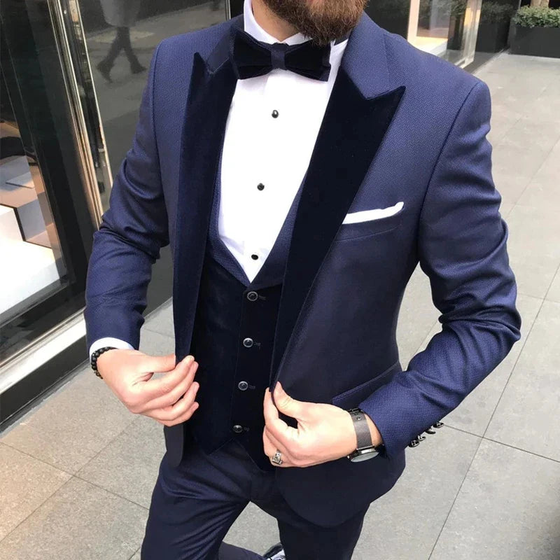 Blue Men Suits Black Peak Lapel Slim Fit Costume Homme Wedding Groom 3 Pcs Terno Masculino Prom Party Blazers Jacket+Pant+Vest