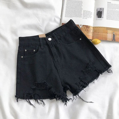Korean Denim Shorts Women Summer Fashion Casual High Waist Ripped Jeans Pocket Tassel Y2K Hot Pants Streetwear Blue Trousers
