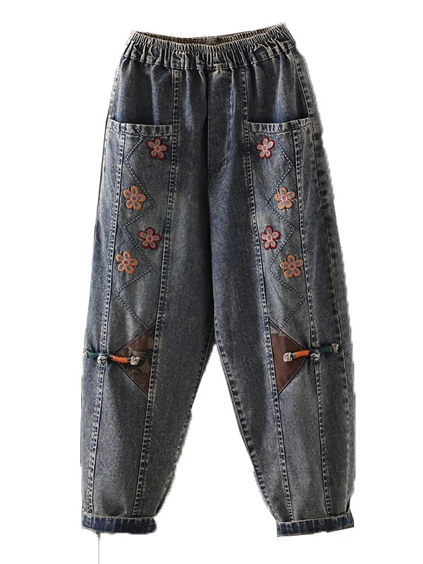 Retro Ethnic Sle Embroidered  Plum Blossom Jeans Women Loose Patchwork Print Nine Points Harlan Pants Spring Sle