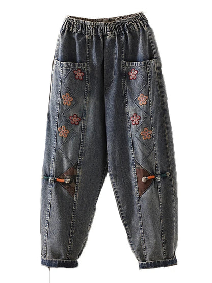 Retro Ethnic Sle Embroidered  Plum Blossom Jeans Women Loose Patchwork Print Nine Points Harlan Pants Spring Sle