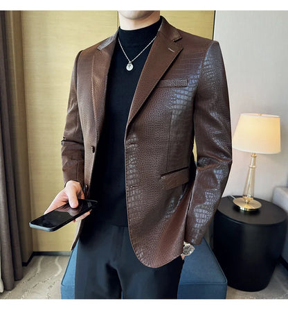 New High Quality Crocodile Stripe Slim Fit Leather Jacket Classic Business Casual Slim Fit Men Blazer Tuxedos Men Clothing 4XL-M