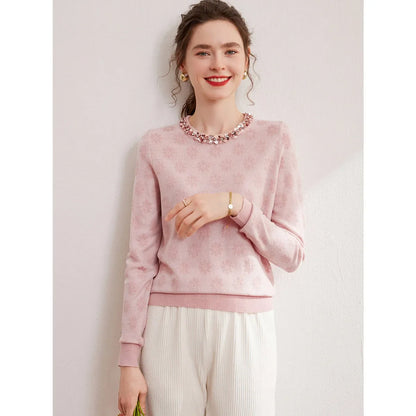2024 Autumn Elegant Jacquard Fashion Glitter Bead Chain Decoration Round Neck Long Sleeve Women's Knitted Shirt