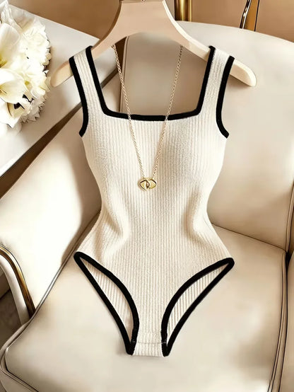 3pcs Women's Ribbed Bodysuit Set Fashionable Black Piped Square Neck Waist-Cinching Style Summer Nightlife Wear Elegant Beach Ou
