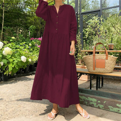 Women's Elegant Solid Cotton Robe Femme 2022 Spring Autumn Bohemian Maxi Dress ZANZEA Casual Long Sleeve Shirt Dresses Oversized