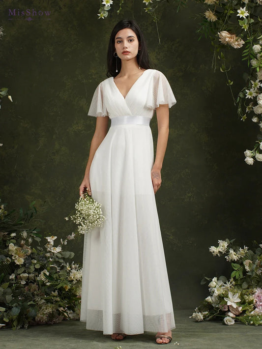 Simple Beach Ivory Wedding Dresses For Women A-Line Puffer Short Sleeve V-Neck Pleat Tulle Open Back Bridal Prom Gowns With Belt