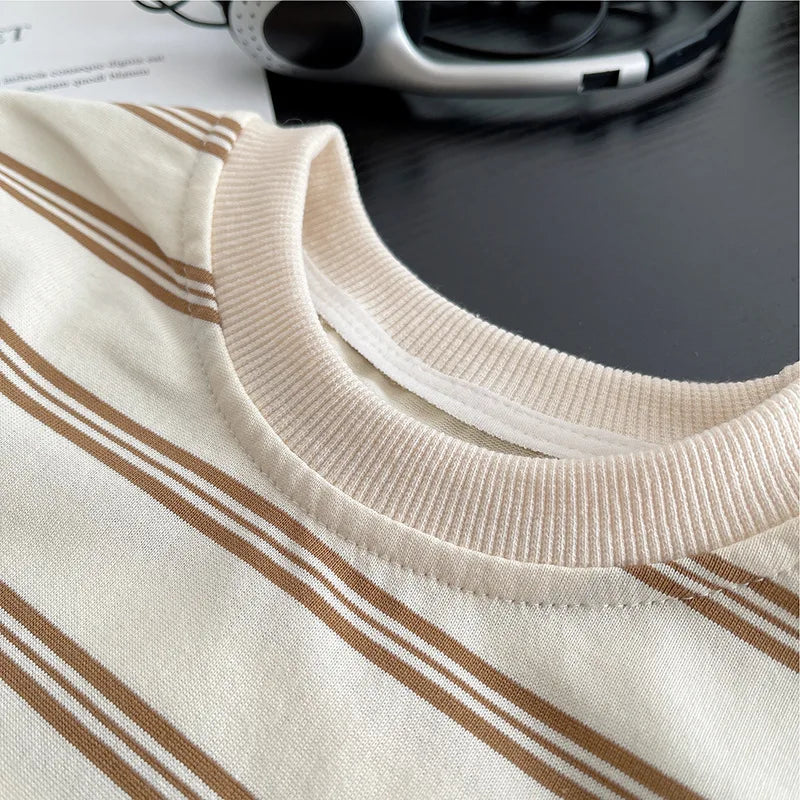 Children's Short Sleeved Round Neck Striped T-Shirt and Casual Shorts Set, Fashion Clothes, Summer, New, 0-5 Years Old