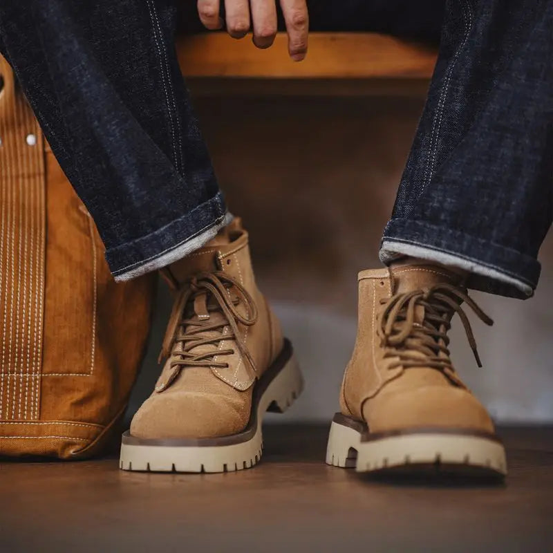 Vintage Men's Cow Suede High-Top Boots Chunky Round Toe Work Desert Boots Lace-Up Ankle Boots for Fall Winter Casual Shoes