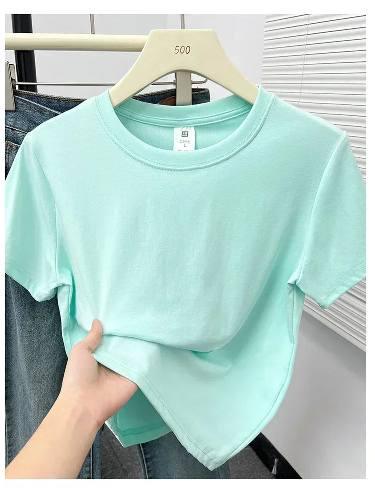2026 Summer New High Quality Casual Plus Size T Shirt Sexy Short Sleeved Sleeves Fashion Trend Solid Women Clothing Y2k Tops