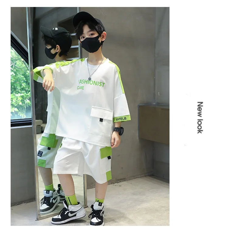 Summer Boys Patchwork Alphabet Half Sleeves T-Shirt Tops+Shorts Pant School Kids Tracksuit Child 2PCS Outfit Workout Set 5-16 Yr
