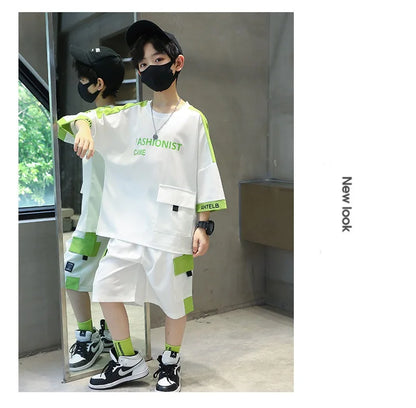 Summer Boys Patchwork Alphabet Half Sleeves T-Shirt Tops+Shorts Pant School Kids Tracksuit Child 2PCS Outfit Workout Set 5-16 Yr