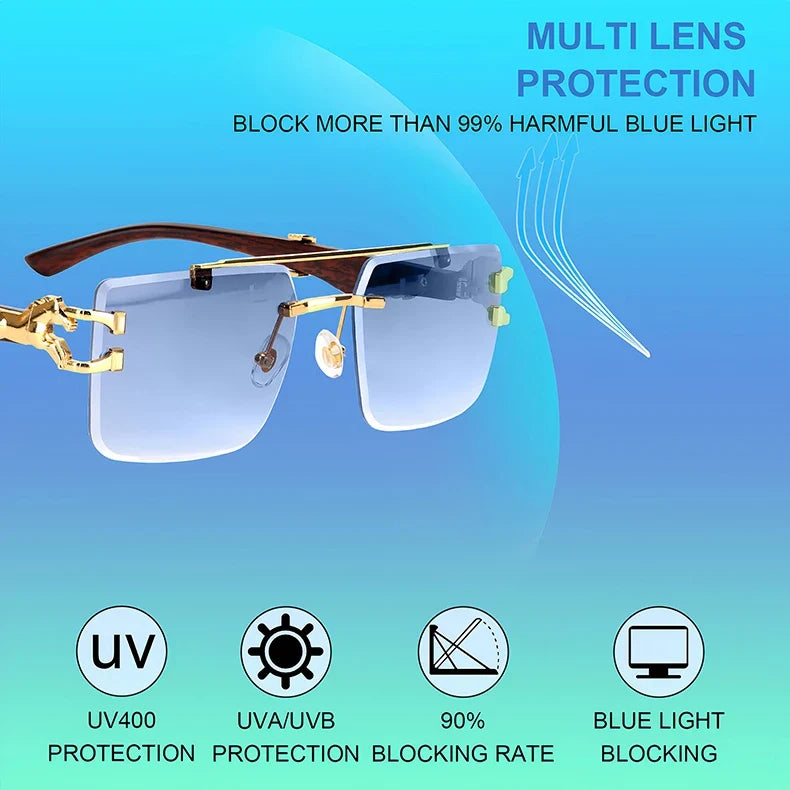 Wood Grain Sunglasses Women Trendy 2024 Rimless Sunglasses Men Vintage Designer Fashion Glasses Lentes De Sol Mujer Zonnebril
