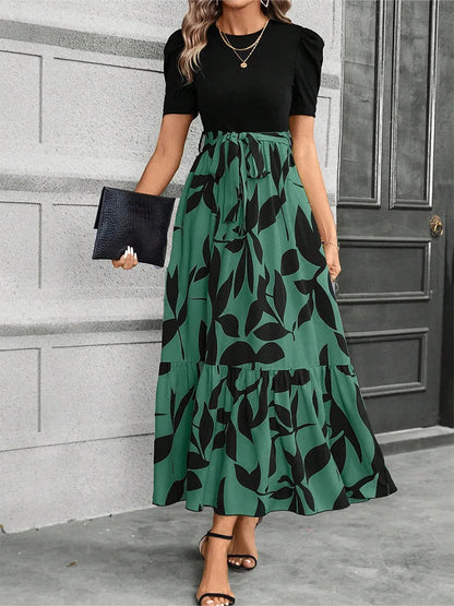 Elegant Floral Print Round Neck Long Dresses Women Short Sleeve High Waist Lace-up Office Lady Holiday Party Dresses Vestidos