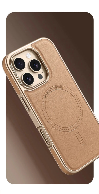 Premium Plating Frame Business Leather Magnetic Case for iPhone 17 16 15 14 13 Pro Max  Plus 17Air For Magsafe Shockproof Cover