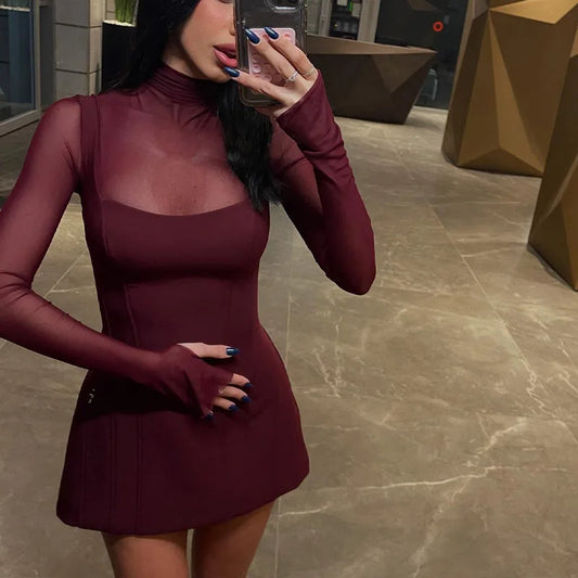 Mesh Patchwork Mini Dress For Women Party Elegant Evening Vestidos Fashion Lace Long Sleeve Turtleneck Slim Short Dresses
