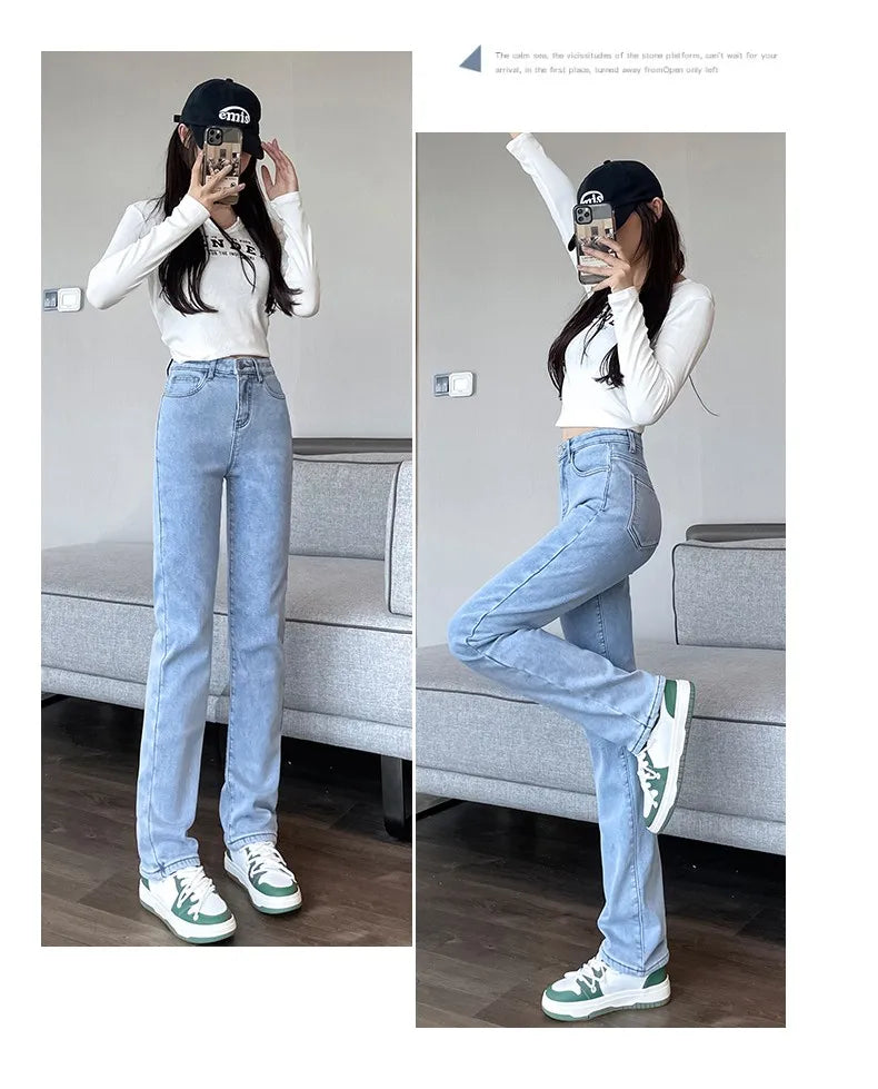 Black 2024 Winter Straight Fleece Jeans Women Casual Vintage Warm Thick Loose High Waist Elastic Velvet Denim Pants