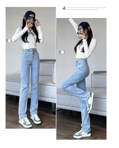 Black 2024 Winter Straight Fleece Jeans Women Casual Vintage Warm Thick Loose High Waist Elastic Velvet Denim Pants