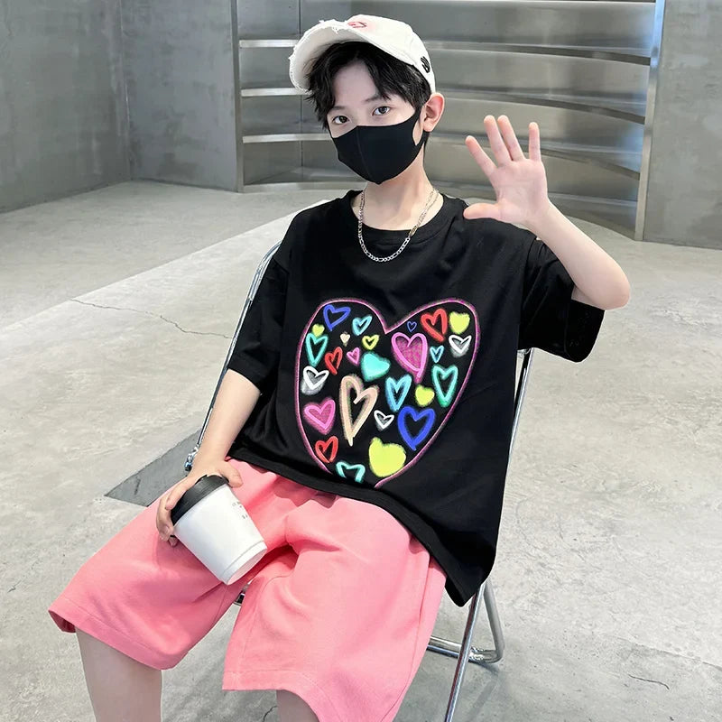 Summer Boys Suit Heart-Shaped Children Clothes Set for Kids Teenagers Casual Cotton T-shirt And Shorts 2 Pieces Tracksuit Child