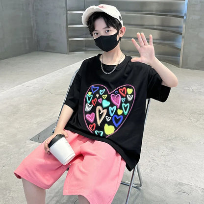 Summer Boys Suit Heart-Shaped Children Clothes Set for Kids Teenagers Casual Cotton T-shirt And Shorts 2 Pieces Tracksuit Child