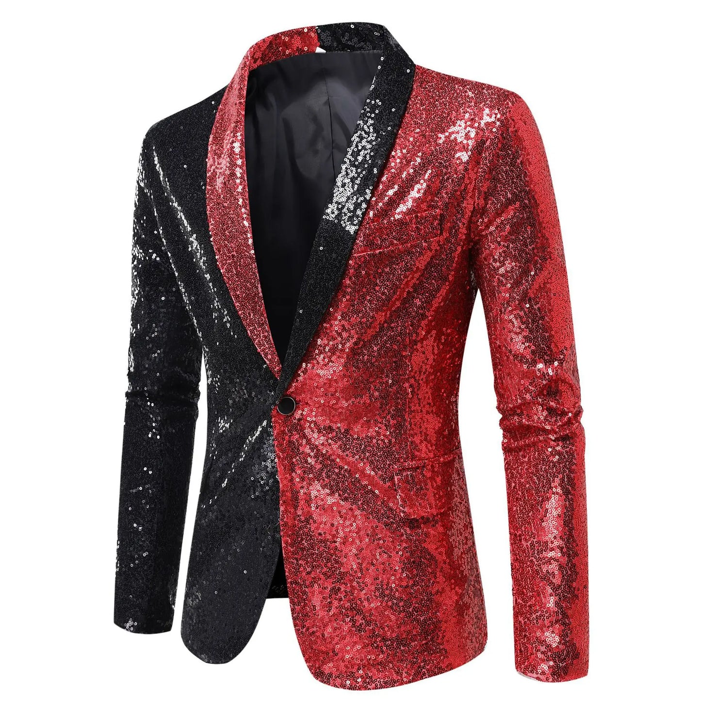 2026 Men's Suit Jacket, Shiny Sequin Stage Performance Coat, White Silver Blue Red Purple Blazers V-neck Single Button S-XXL