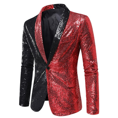 2026 Men's Suit Jacket, Shiny Sequin Stage Performance Coat, White Silver Blue Red Purple Blazers V-neck Single Button S-XXL