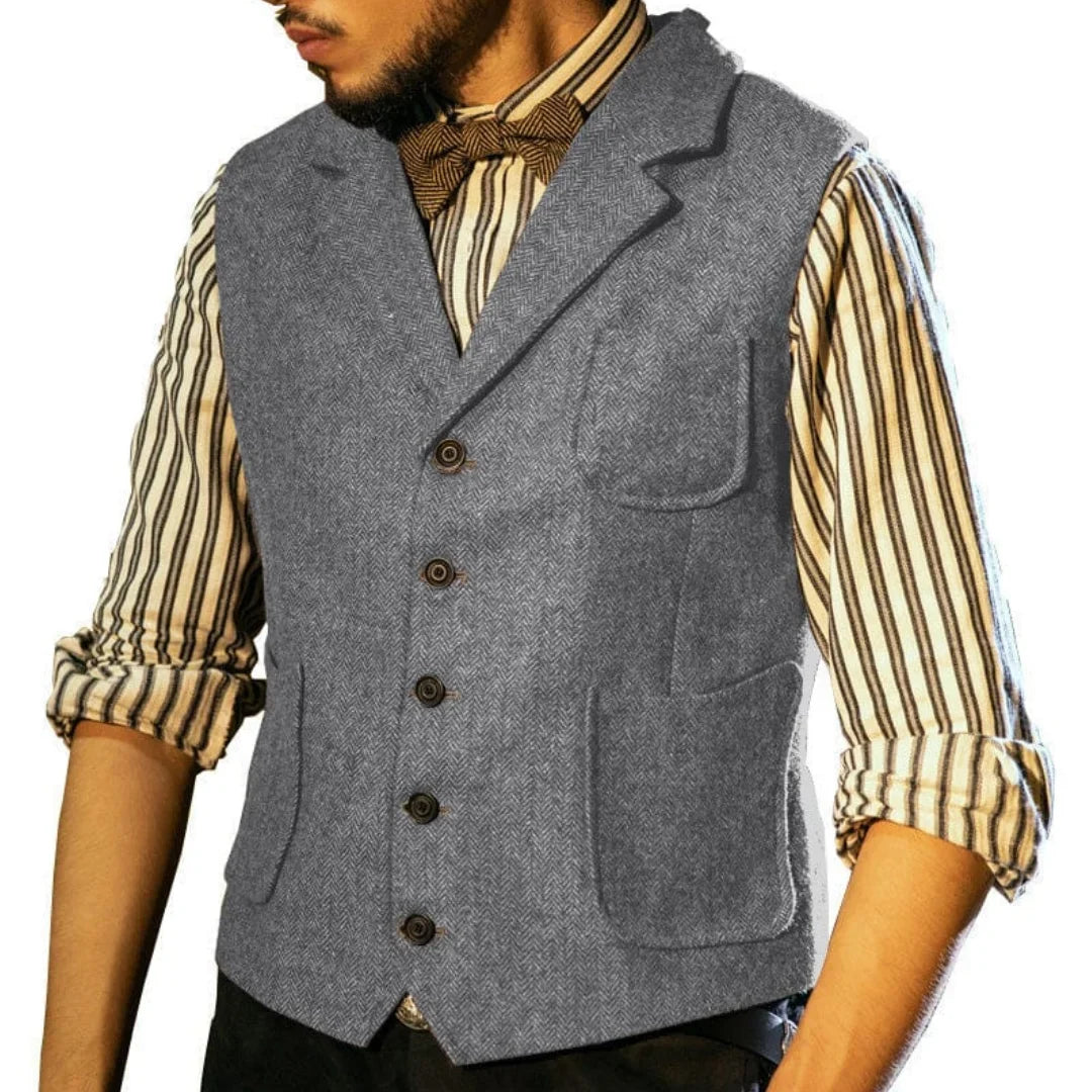 Men Vest Blue Herringbone Single Button With Lapel Pocket Waistcoat For Banquet Business Office Work Casual Daily Men Suit Vest