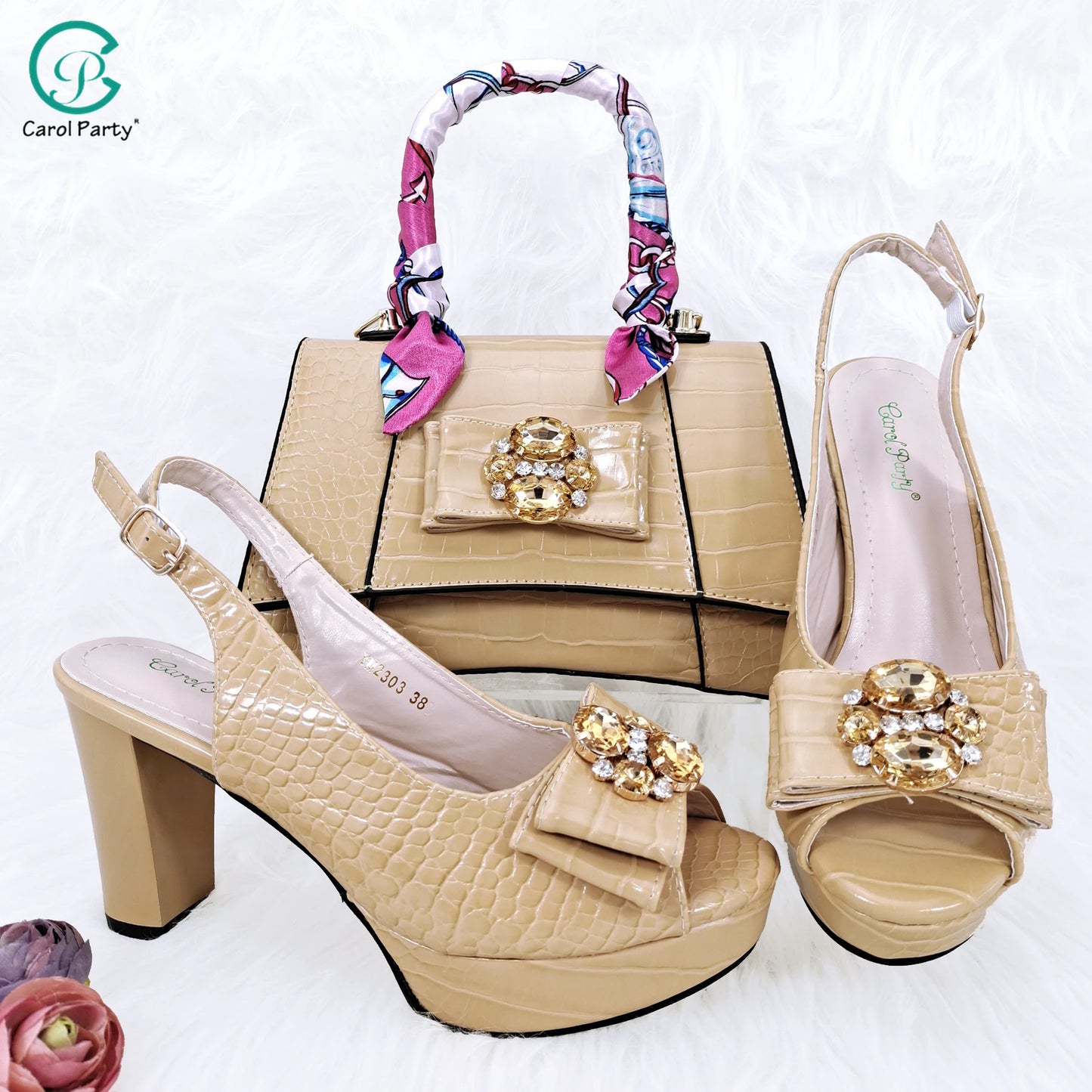 Crocodile Textured Ribbon And Colorful Crystal Embellished Clutch With Long Shoulder Strap Women's Shoes And Bag Set