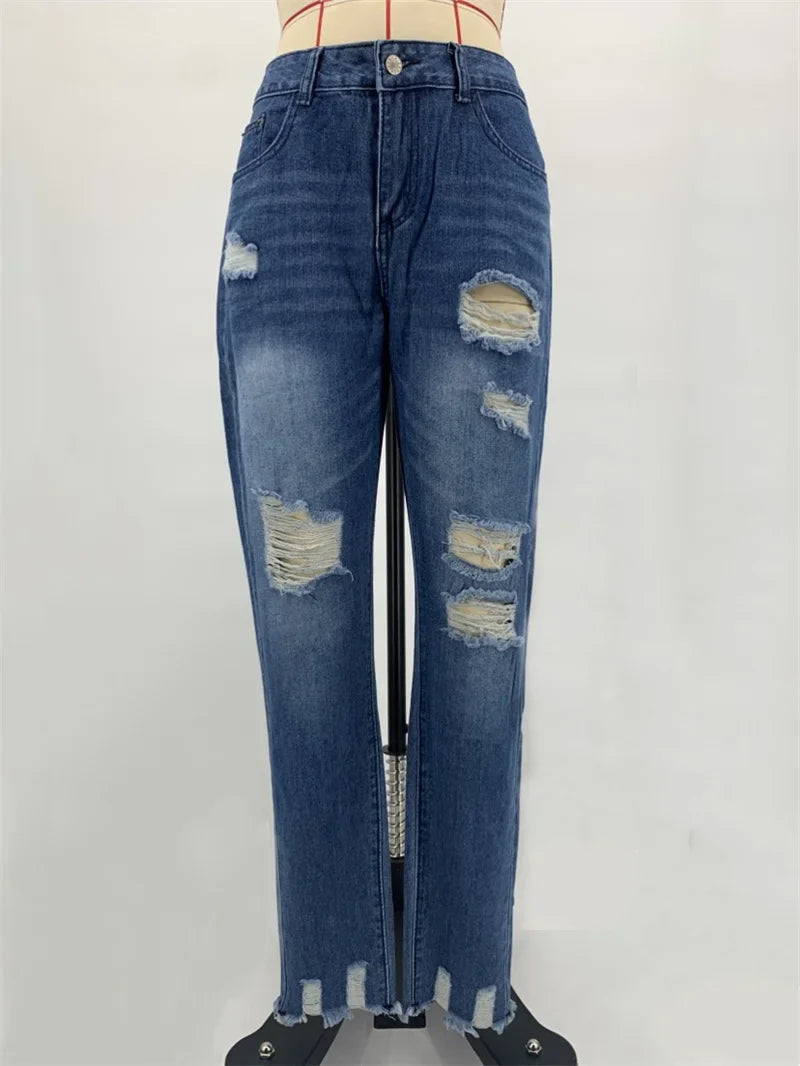 Fashion Broken Holes Tassel Straight Jeans Women's Mid-waist Button Splicing Denim Pants Ladies Trend Streetwear Casual Trousers