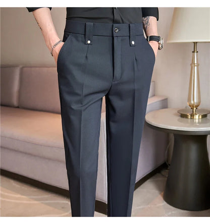 Mens Suit Pants 2026 Spring New British Style Elastic Waist Solid Casual Formal Dress Pants Slim Fit Trousers for Men Clothing