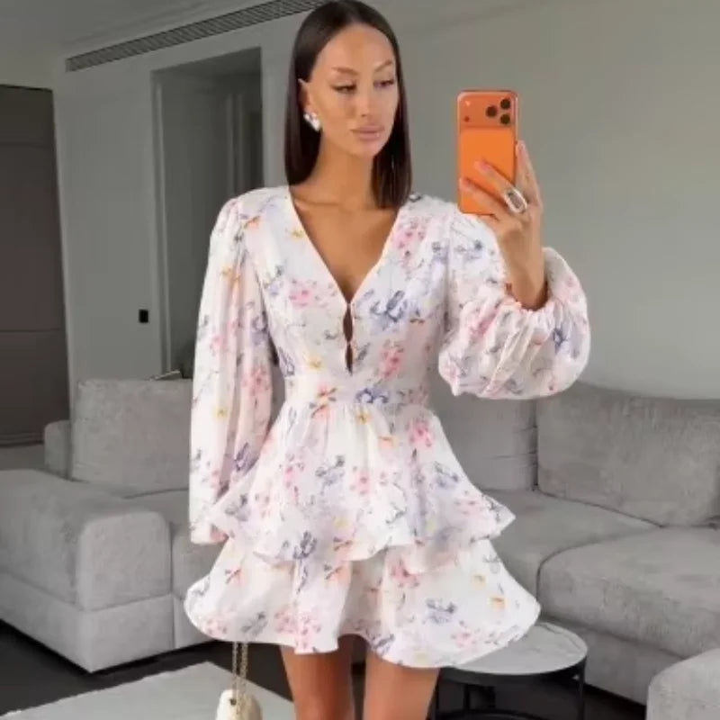 Women Floral Print Mini Dress V-neck Balloon Sleeve Keyhole Detail Tiered Ruffle Hem Dresses 2026 New Summer Holiday Party Gowns