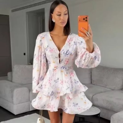 Women Floral Print Mini Dress V-neck Balloon Sleeve Keyhole Detail Tiered Ruffle Hem Dresses 2026 New Summer Holiday Party Gowns