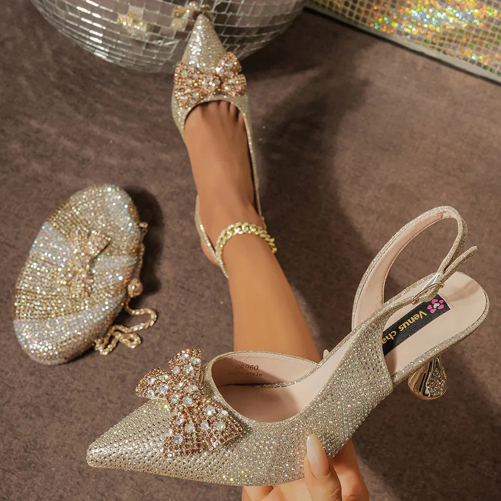 New Arrival Women's Elegant Black Shoes with Rhinestone-Embellished Diamond Heels & Matching Handbag – Perfect Fashion Set for
