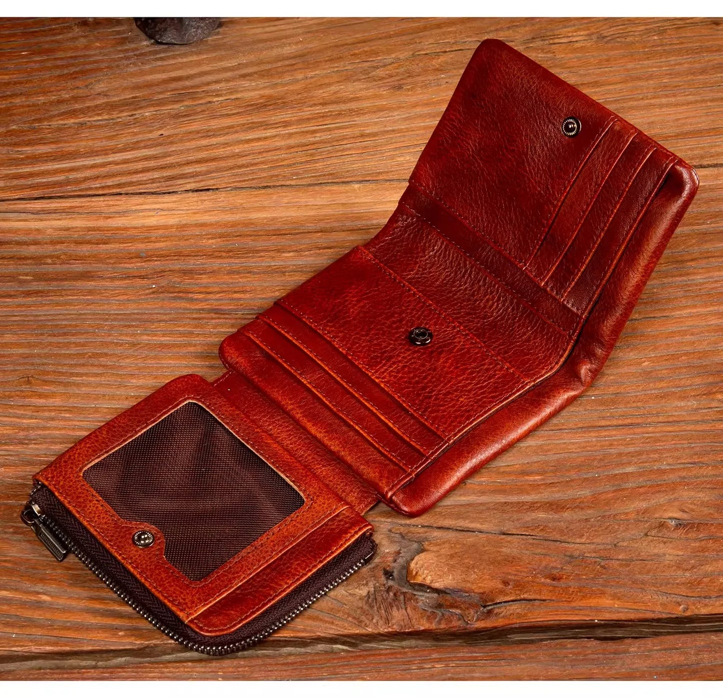 Men's Hand-Rubbed Genuine Leather Short Wallet Top-Grain Vegetable-Tanned Zipper Wallet with Driver's License Card Holder