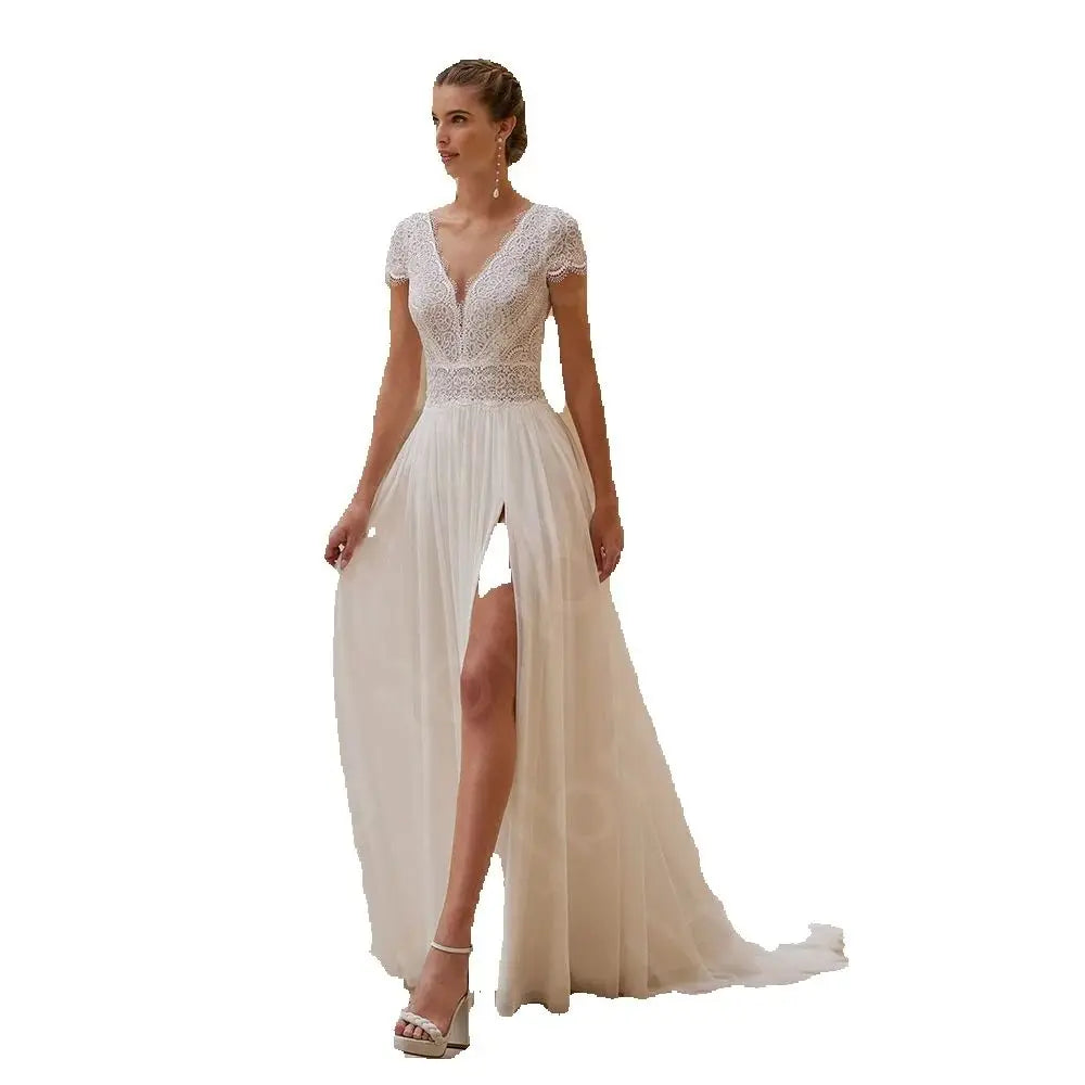 Customized Charming Lace Wedding Dresses Beach Bridal Gowns Boho Thigh Slit Bride Dresses Summer Wedding Gowns Short Sleeves