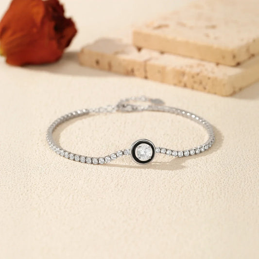 Bracelet de tennis rond en argent sterling 925 avec émail noir et oxyde de zirconium transparent pour femmes, cadeau de bijoux fins