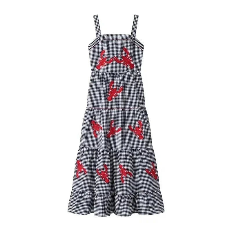 Plaid Slip Long Dress Woman Embroidery Ruffle Summer Dresses 2025 Sleeveless Beach Holiday Dress Women Casual Midi Dresses