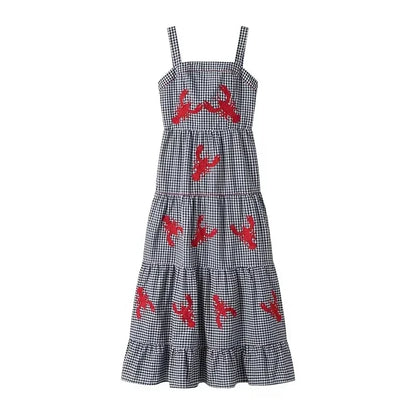 Plaid Slip Long Dress Woman Embroidery Ruffle Summer Dresses 2025 Sleeveless Beach Holiday Dress Women Casual Midi Dresses