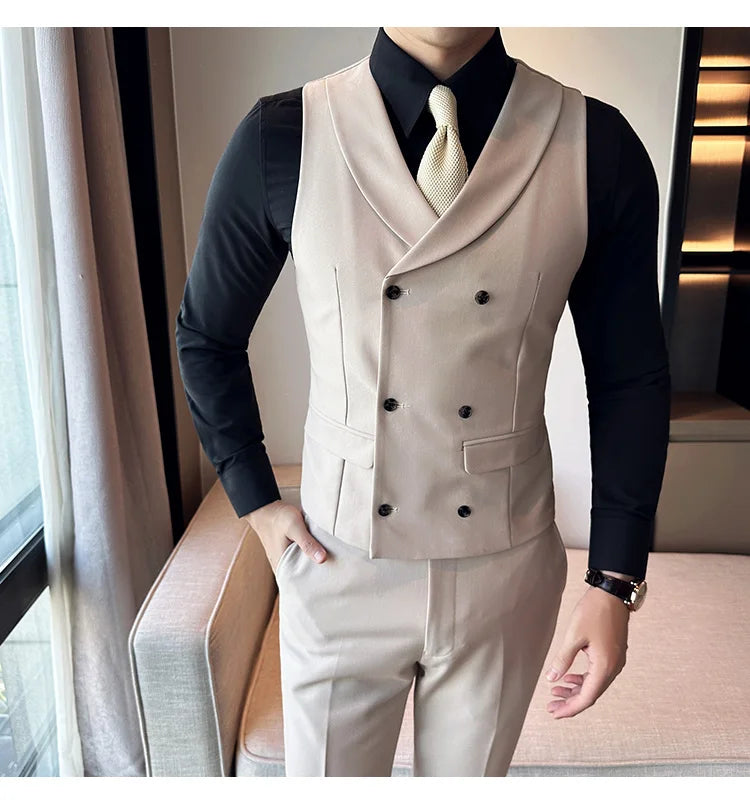 ( Vest + Pants) Men's Double-breasted Suit Vest 2 Pieces Set High Quality Business Casual Fashion Groom Wedding Dress Vest Sets