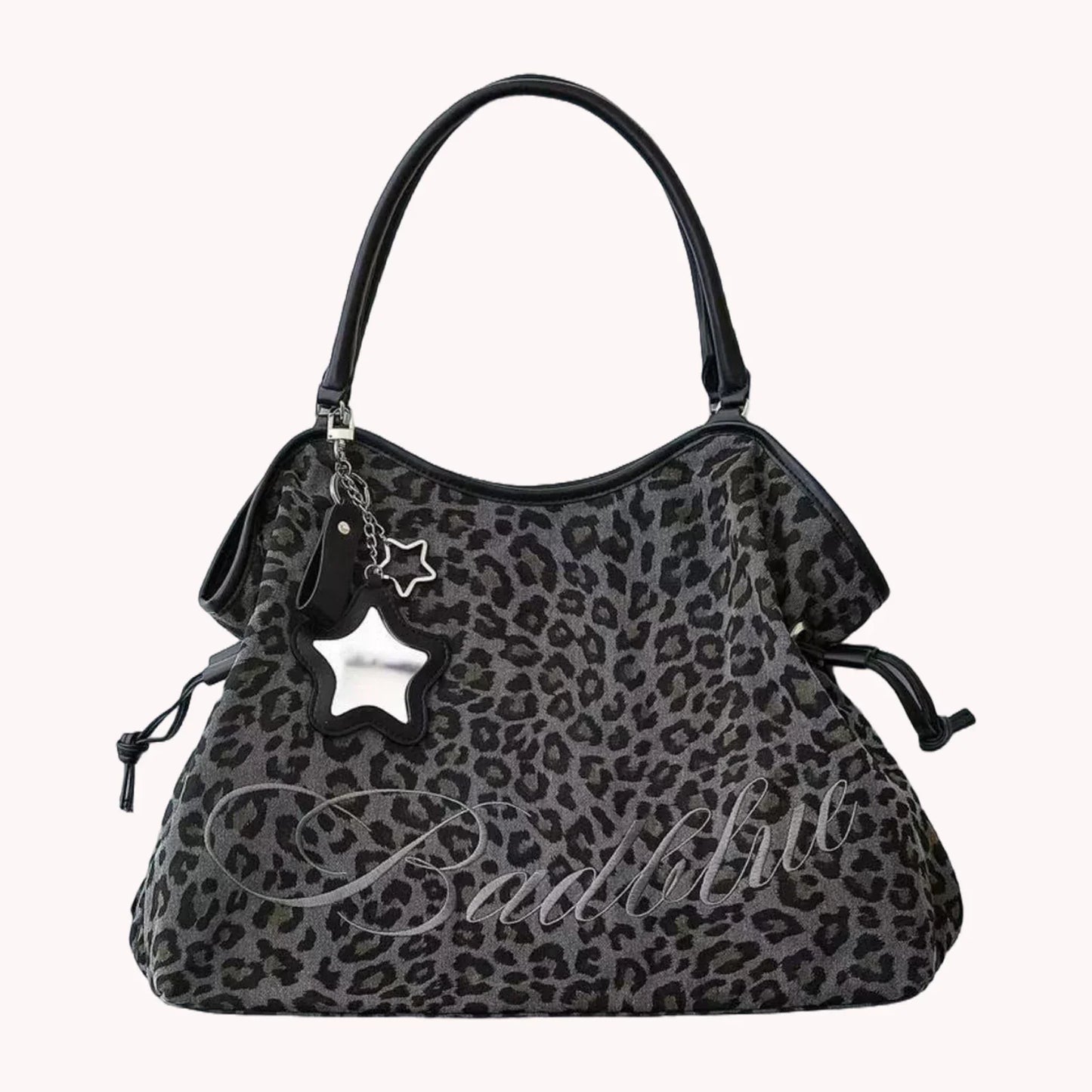 Women Leopard Print One Shoulder Armpit Bag Embroidered Letter Large Capacity Tote Bag Ladies Drawstring Versatile Underarm Bags