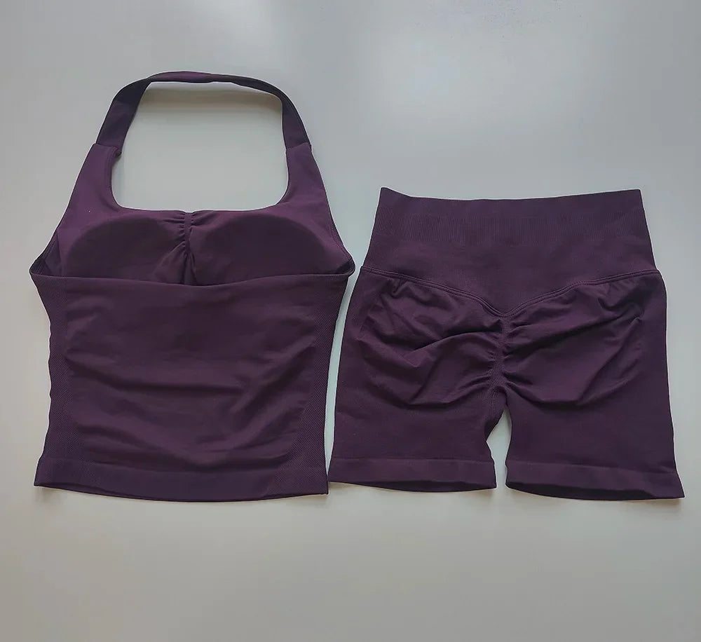 Sexy Halter Neck Beautiful Back High Waist Peach Sports Bras Shorts Suit Pilates Gathering Yoga Vest Training Fitness Bra Sets