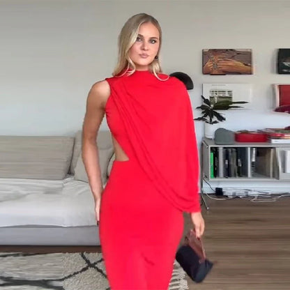 Red Asymmetrical Draped Backless Maxi Dress One Shoulder High Neck Cutout Bodycon Evening Gown For Women Formal Party